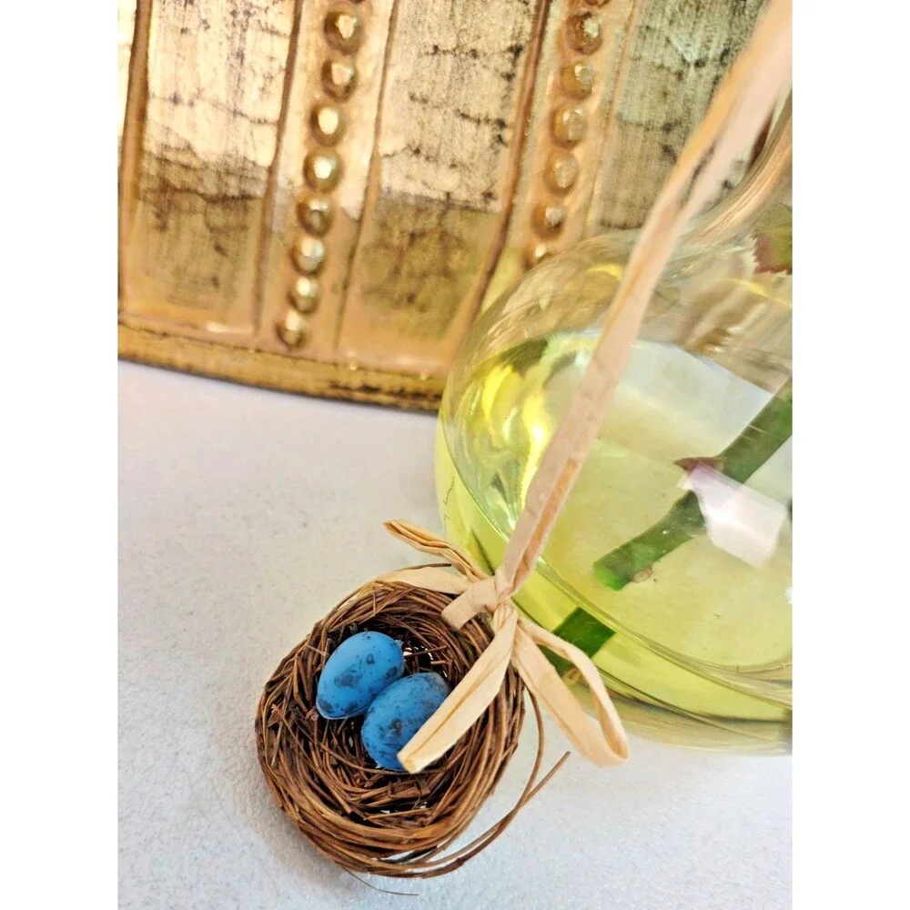Vintage Faux Pink Cabbage Rose Silk Flower in Glass Vase with Bluebird Nest